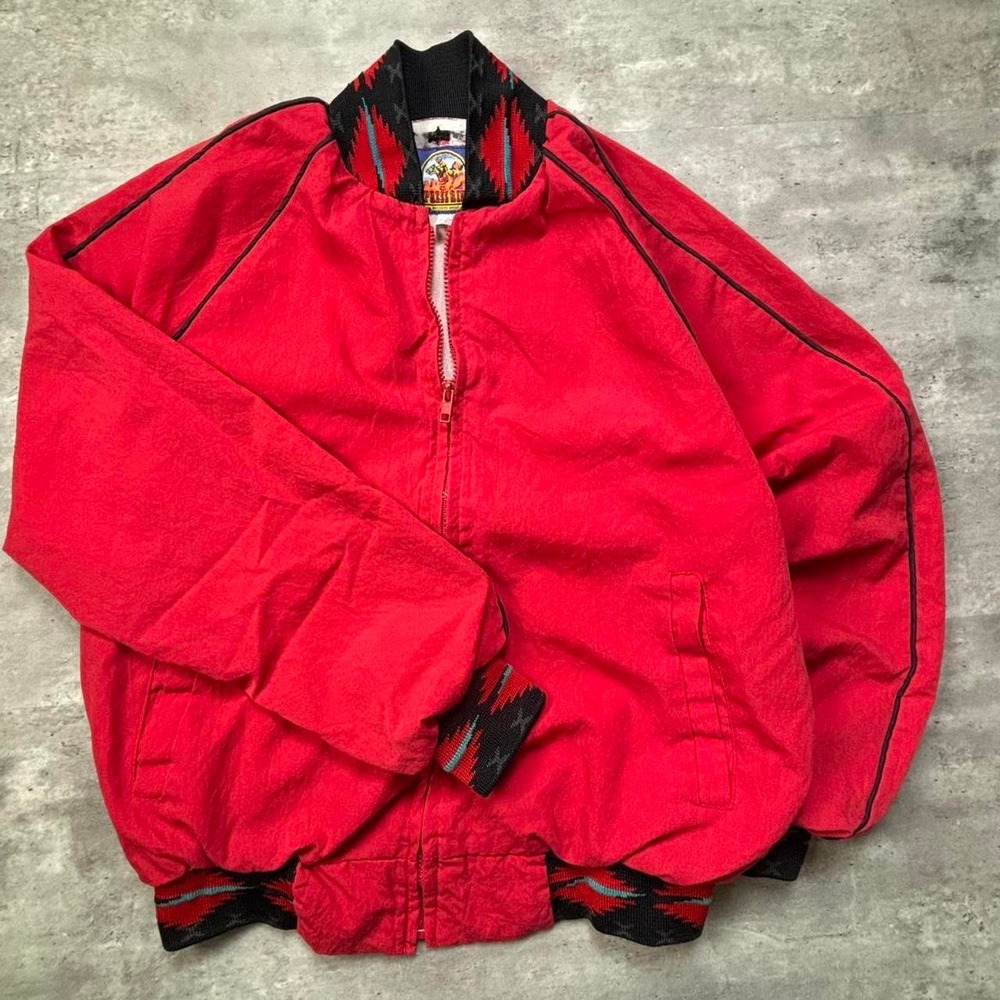 Free Rider Bomber Jacket Mens Medium Red Vintage 80s Aztec Pattern USA Made